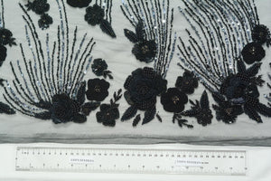 Hand-beaded Tulle with Raised Black Flowers
